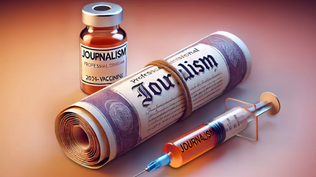 Imagem de um diploma de jornalismo enrolado ao lado de uma seringa e um frasco de vacina. No frasco, está escrito "JOURNALISM" com uma grafia incorreta "JOURNALISM", seguido de "PROFESSIONAL DOWNLOAD" e "2024-VACCINE". A seringa também contém o termo "JOURNALISM". A imagem sugere simbolicamente que o jornalismo pode ser visto como uma "vacina" ou uma forma de cura/proteção, talvez contra desinformação ou ignorância.